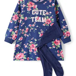 Babyhug Cotton Knit Full Raglan Sleeves Frock With Floral Print & Stockings - Blue-picture-16
