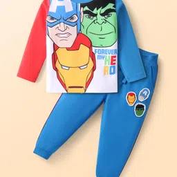 Babyhug Marvel Single Jersey Knit Full Sleeves T-shirt & Lounge Pant Set With Avengers Graphics & Badge Detailing - White Red & Blue-picture-27
