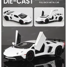 Fiddlerz Die-Cast Car Toy 1:32 Scale with Pull Back Action LED Lights Openable Doors Realistic Sound Sports Model Metal Car - White-image-29