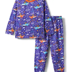 Babyhug Cotton Knit Full Sleeves Co-ords Night Suit With Aeroplane Print - Violet-picture-11