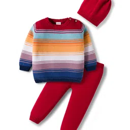 Babyhug Cotton Knit Full Sleeves Sweater Set with Cap & Stripes - Red-picture-15