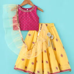 Babyhug Woven Sleeveless Choli & Lehenga Set with Dupatta & Floral Embroidery - Pink & Yellow image 2