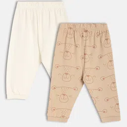 MINI KLUB Cotton Knit Pack Of 2 Teddy Bear & Vehices Printed Pants - White & Beige image 3