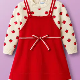 Babyoye 100% Cotton Knit Woollen Dress with Full Sleeves Strawberry Designed Inner Sweater - Red & White image 2