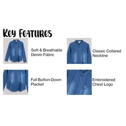 PURPLE UNITED KIDS Denim Woven Full Sleeves Brand Logo Embroidered Mild Washed Shirt - Blue image 3