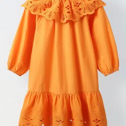 Spunkies Cotton Woven Full Sleeves Schffli Embroidered Dress - Orange image 3