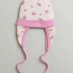 BUMZEE Cotton Pack Of 2 Striped & Floral Printed Tying Caps With Ear Flaps - Peach & White image 3