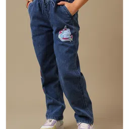 Kidsville Knit Unicorn Patch Detailed Mild Washed Joggers - Blue image 4