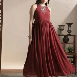 Globus Women Halter Keyhole Neck Embroidered Detail Gathered Maxi A-Line Festive Dress-image-10