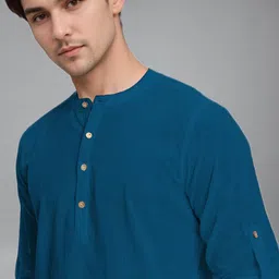 Navkanj Mandarin Collar Roll-Up Sleeves Cotton Straight Short Kurta image 3