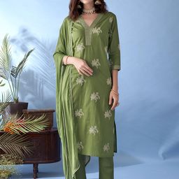 Anouk Floral Embroidered Thread Work Pure Cotton Straight Kurta With Trousers & Dupatta-picture-1