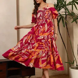 PTVIZE Women Abstract Printed Off-Shoulder Puff Sleeve Crepe A-Line Midi Dress-image-15