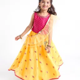 Babyhug Woven Sleeveless Choli & Lehenga Set with Dupatta & Floral Embroidery - Pink & Yellow-picture-25