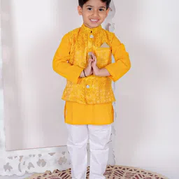 Superminis  Pure Cotton Full Sleeves Solid Kurta Pyjama With Dupion Silk Floral Block Motif Designed Jacket - Yellow-picture-25