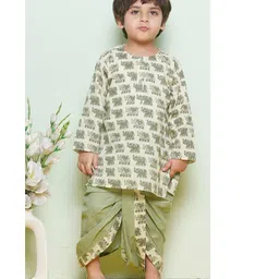 AJ Dezines Pure Cotton Full Sleeves Elephant Printed Kurta & Dhoti Set - Green-picture-23