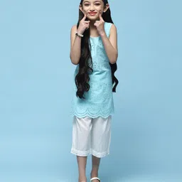 BIBA Sleeveless Schiffli Embroidered Straight Kurta With Pant Set - Blue-picture-17