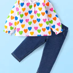 Babyhug Single Jersey Knit Full Peasant Sleeves Heart Printed Top & Denim Jeans Set - Blue & Pink image 1