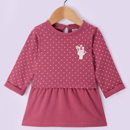 Zero Sinker Knit Full Sleeves Frock With Polka Dots & Teddy Patch - Wine-picture-40