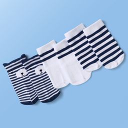 Doodle Poodle Cotton Knit Ankle Length Socks With Strips Design & Bear Applique Pack of 3 - Navy Blue & White-picture-1