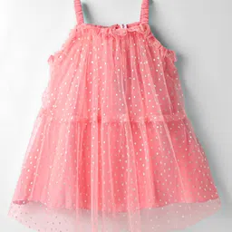 Babyhug Woven Sleeveless Mesh Party Dress With Silver Foil Print - Peach-image-26