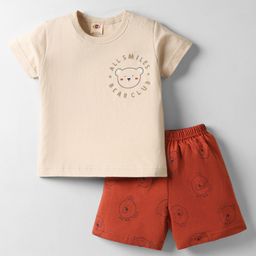 Zero Sinker Knit Half Sleeves Short Night Suit With Text Print - Beige & Red-picture-22