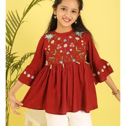 ISHTI Woven Three Fourth Sleeves Floral Embroidered & Beads Embellished Top - Maroon-picture-33