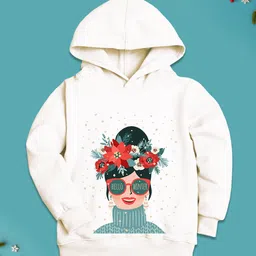 NUSYL Fleece Knit Full Sleeves Hello Winter Text Printed Light Winter Hoodie - White-picture-16