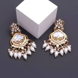 BELWICK Brass-Plated Kundan Studded And Pearls Beaded Contemporary Drop Earrings-picture-32