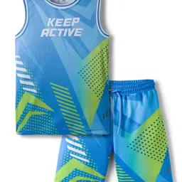 Pine Active Knit Sleeveless Printed Basketball T-Shirt & Shorts Set - Blue image 2