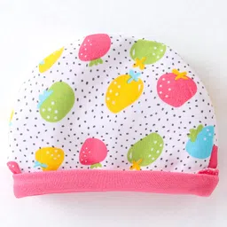 Babyhug 100% Cotton Interlock Knit Cap Mitten & Booties Strawberry Print - Pink & White image 3