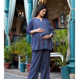 Aujjessa Cotton Three Fourth Sleeves Geometric Printed & Lace Embellished Maternity Night Suit with Concealed Zipper Nursing AccessIndigo Multi image 4