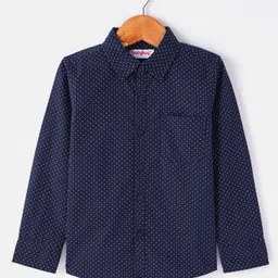 Babyhug Woven Full Sleeves Polka Dots Printed Party Shirt with Bow & Suspender - Navy Blue image 3