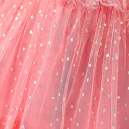 Babyhug Woven Sleeveless Mesh Party Dress With Silver Foil Print - Peach image 3