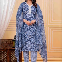 Damseldrape Women Floral Printed Regular Pure Cotton Kurta with Trousers & With Dupatta-picture-10
