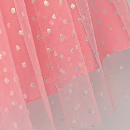 Babyhug Woven Sleeveless Mesh Party Dress With Silver Foil Print - Peach image 4