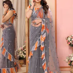 Mitera Ethnic Motifs Mirror Work Net Saree-image-42