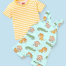 Babyhug 100% Cotton Knit Dungaree and Half Sleeves T-Shirt Set Stripes & Lion Print - Yellow & Light Blue-picture-17