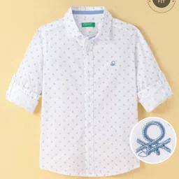 UCB Cotton Lycra Full Sleeves Shirt With Floral Print & Logo Embroidery - White-picture-11