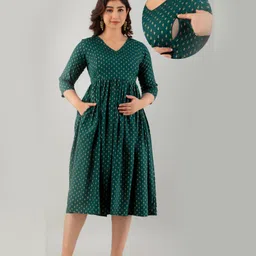Step Queen Three Fourth Sleeves Abstract Printed Maternity Dress With Zipper Nursing Access - Green-picture-21