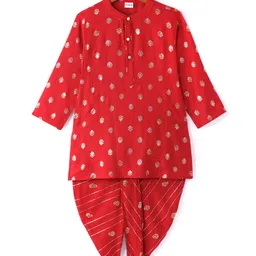 Babyhug Woven Full Sleeves Foil Printed Kurta Dhoti  Set - Red-picture-13