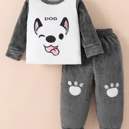 Kookie Kids Full Sleeves Winter Wear Night Suit With Animal Applique - Grey-picture-10