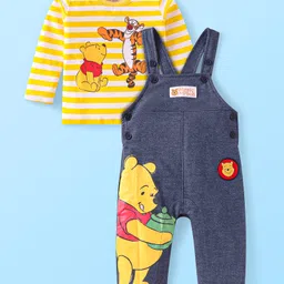 Babyhug Disney Cotton Knit Full Sleeves Striped Winnie The Pooh Printed T-Shirt & Dungaree Style Romper - Blue & Yellow-picture-15