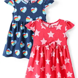 Babyhug Single Jersey Kit Cap Sleeves Heart & Star Printed Dress with Bow Applique Pack of 2 - Pink & Navy Blue-picture-27