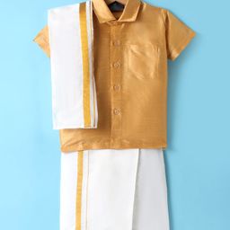Dapper Dudes Half Sleeves Solid Shirt With Mundu & Angavastram Set - Fone-picture-16