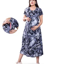 Mamma's Maternity Rayon Short Sleeves Marble Printed Maternity Dress With Nursing Access - Light Grey-image-64