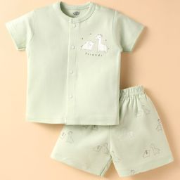 Zero Sinker Knit Half Sleeves Shorts Night Suit With Animal & Friends Text Print - Light Green-picture-11