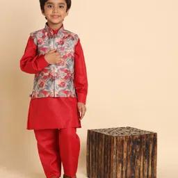 P-MARK Cotton Woven Full Sleeves Solid Kurta Pant With Leaves Printed Jacket Set - Maroon-picture-24