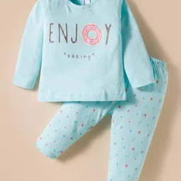 Tango Single Jersey Knit Full Sleeves Night Suit With Text Print - Light Blue image 1