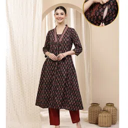 Zelena Cotton Silk Woven Three Fourth Sleeves Floral Printed Maternity Kurti With Side Zipper Access & Pant Set - Grey-picture-25