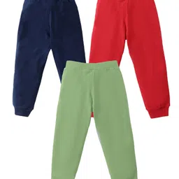 KAVEE Pure Cotton Knit Pack Of 3 Solid Bio Washed Lounge Pants - Olive Green Red & Navy Blue image 3